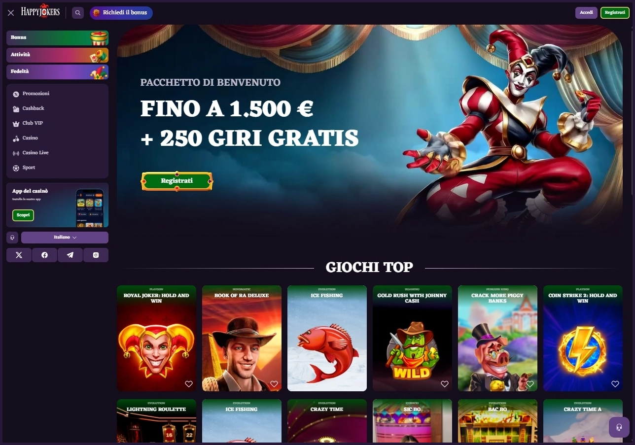 Panoramica compatta delle sezioni principali del casinò Happyjokers
