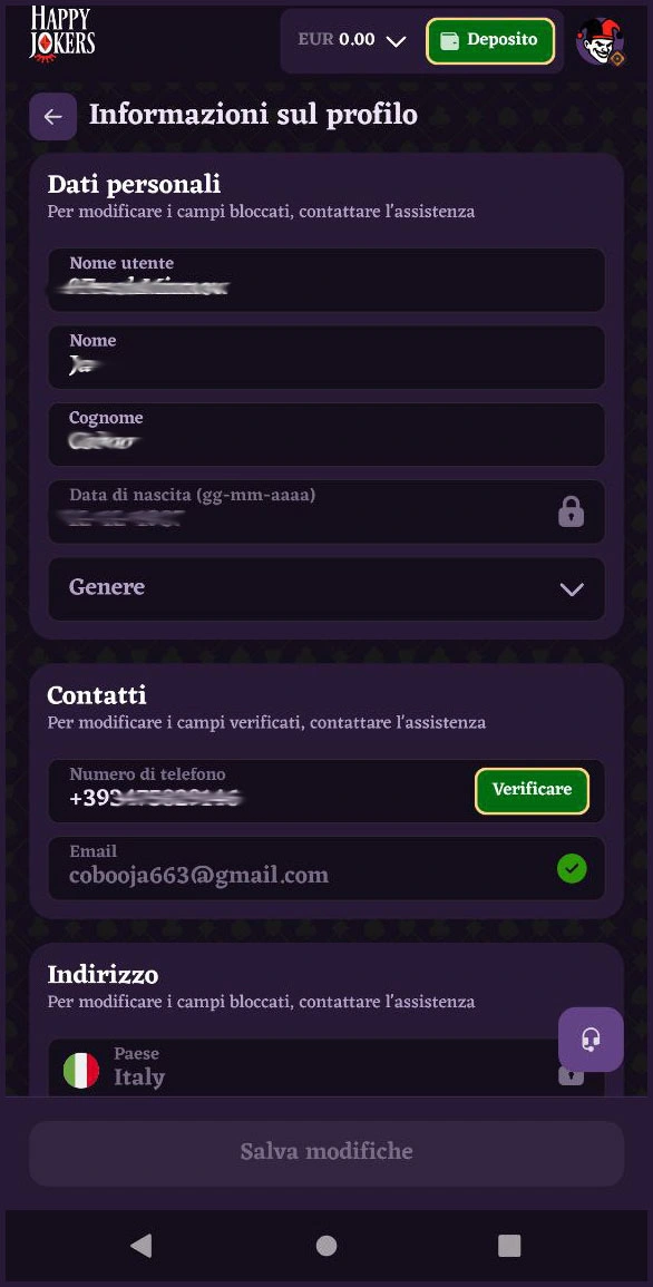 Registrazione e verifica rapida per nuovi account Happyjokers
