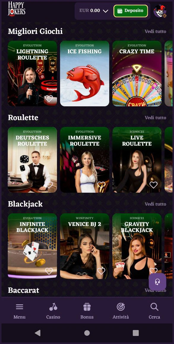 Tutti i tavoli live come blackjack e roulette al casinò Happyjokers