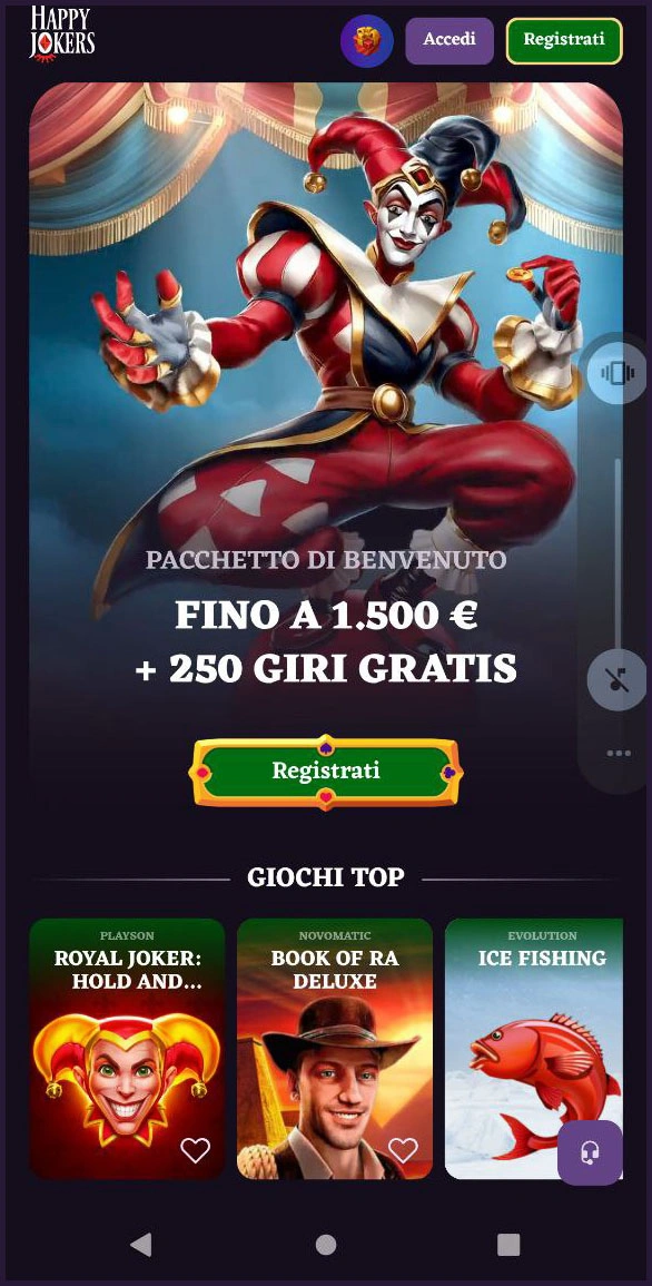 Versione mobile ottimizzata del sito del casinò Happyjokers